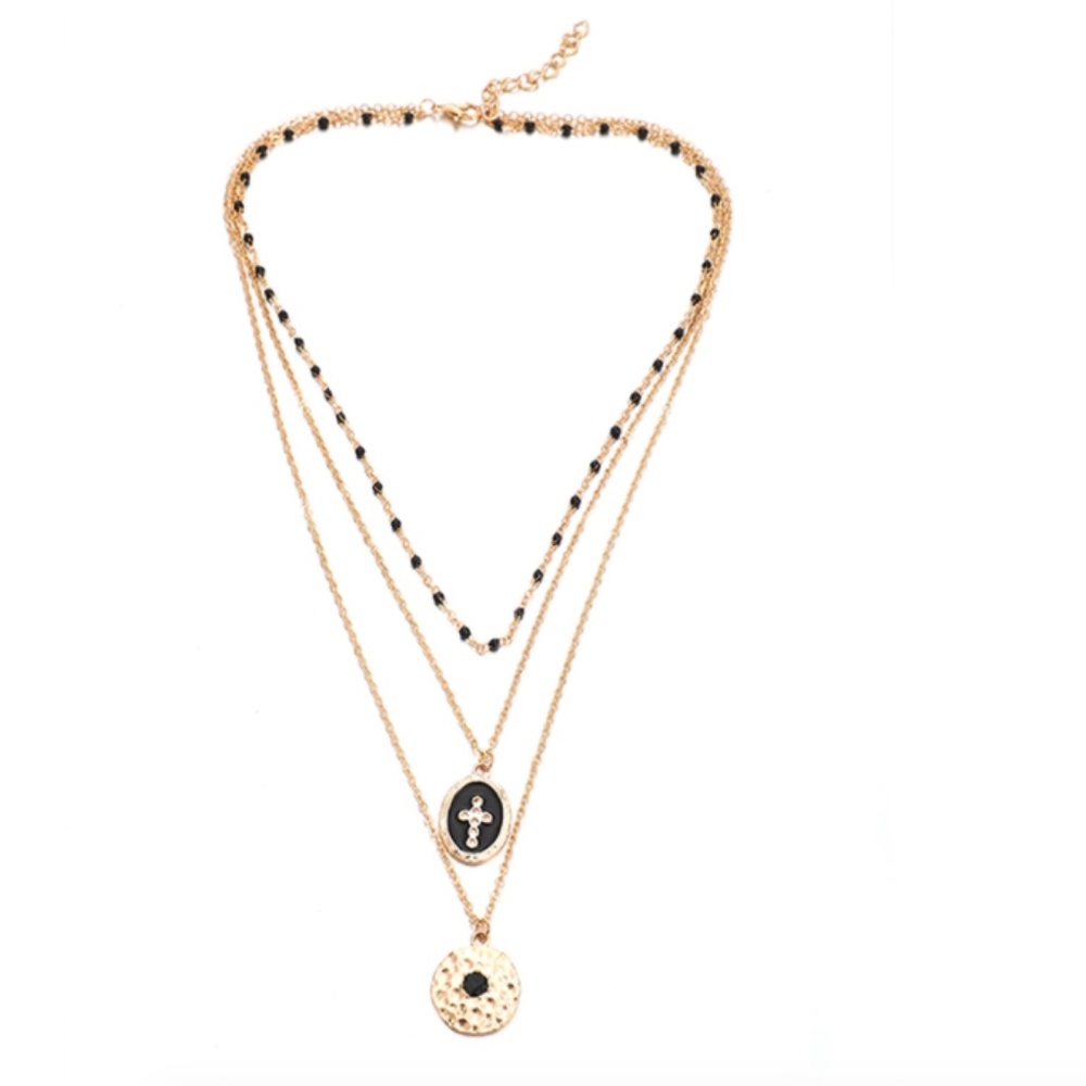 Layered Black Beaded Religious Gold Necklace - Picture 3 of 7